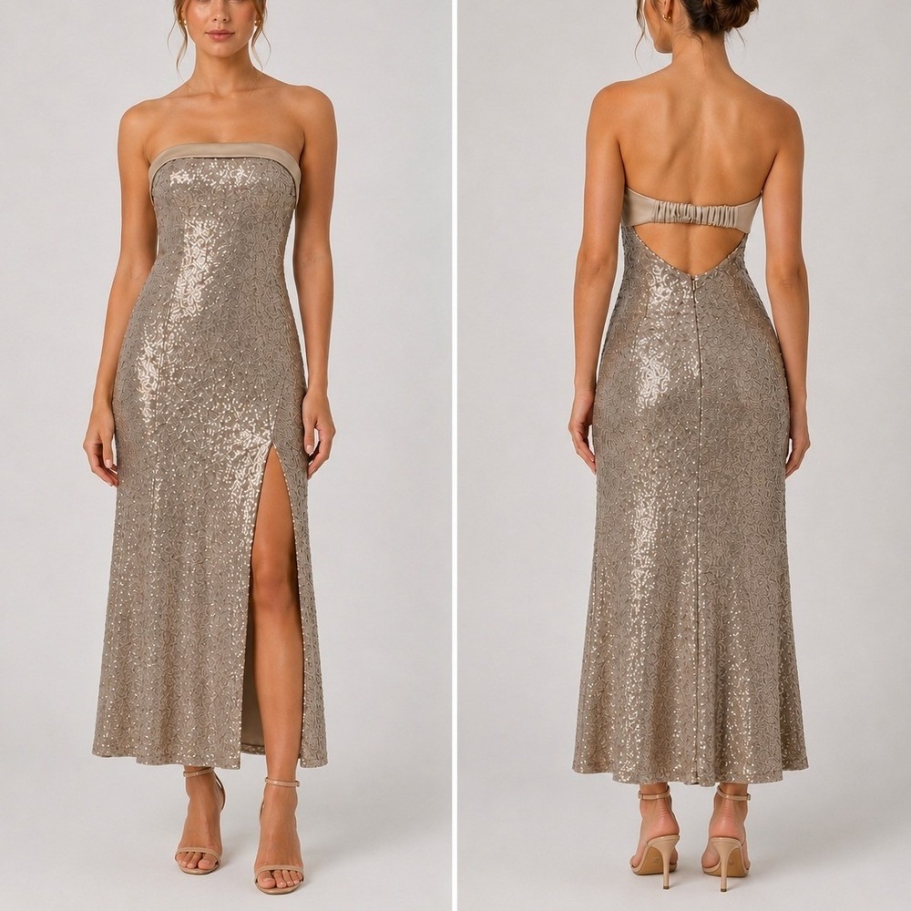 Altar'd State Avynly Paityn Gown XS Champagne Sequin Strapless Dress Formal